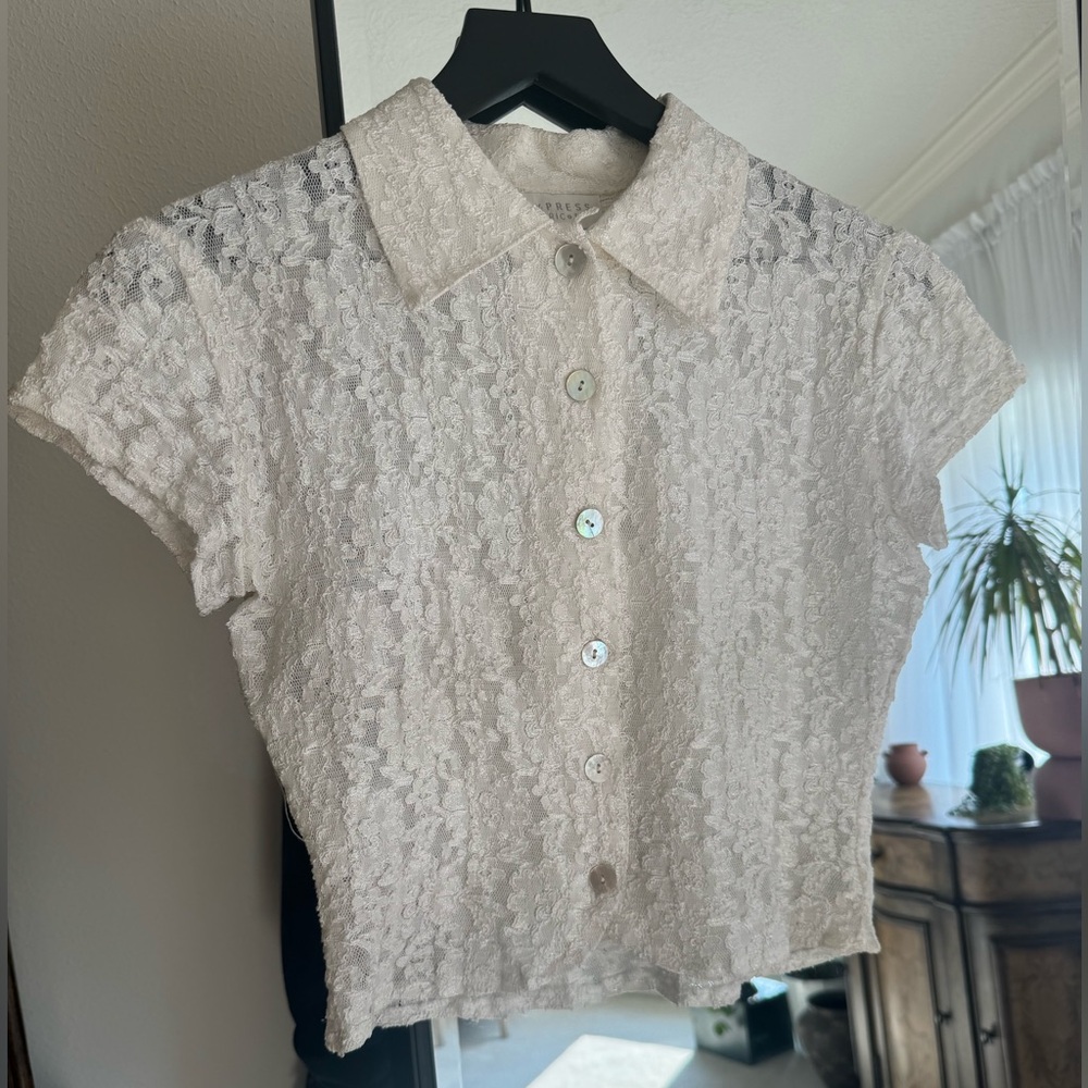 Vintage Express Tricot Lace Collared Mother of Pearl Button Up Cropped Blouse